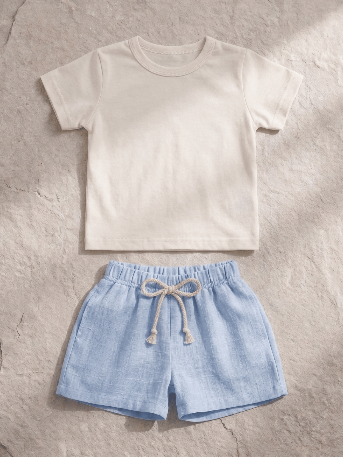 Conjunto Bebê Menino Verão Camiseta Algodão 100% + Short Linho Off-White/Azul (0-4)