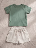 Conjunto Bebê Menino Verão Camiseta Algodão 100% + Short Linho Pistache/Off-White (0-4)