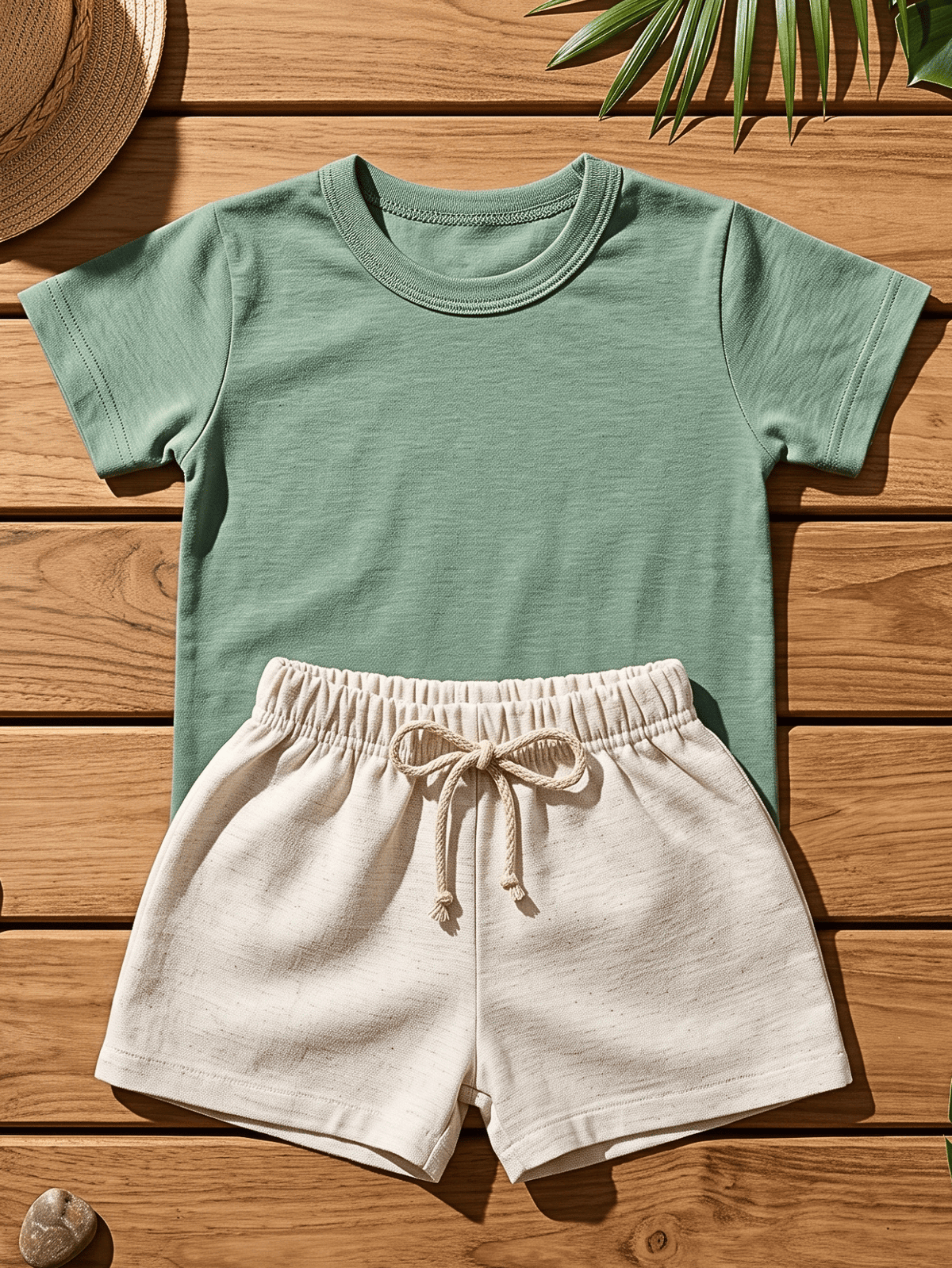 Conjunto Bebê Menino Verão Camiseta Algodão 100% + Short Linho Pistache/Off-White (0-4)
