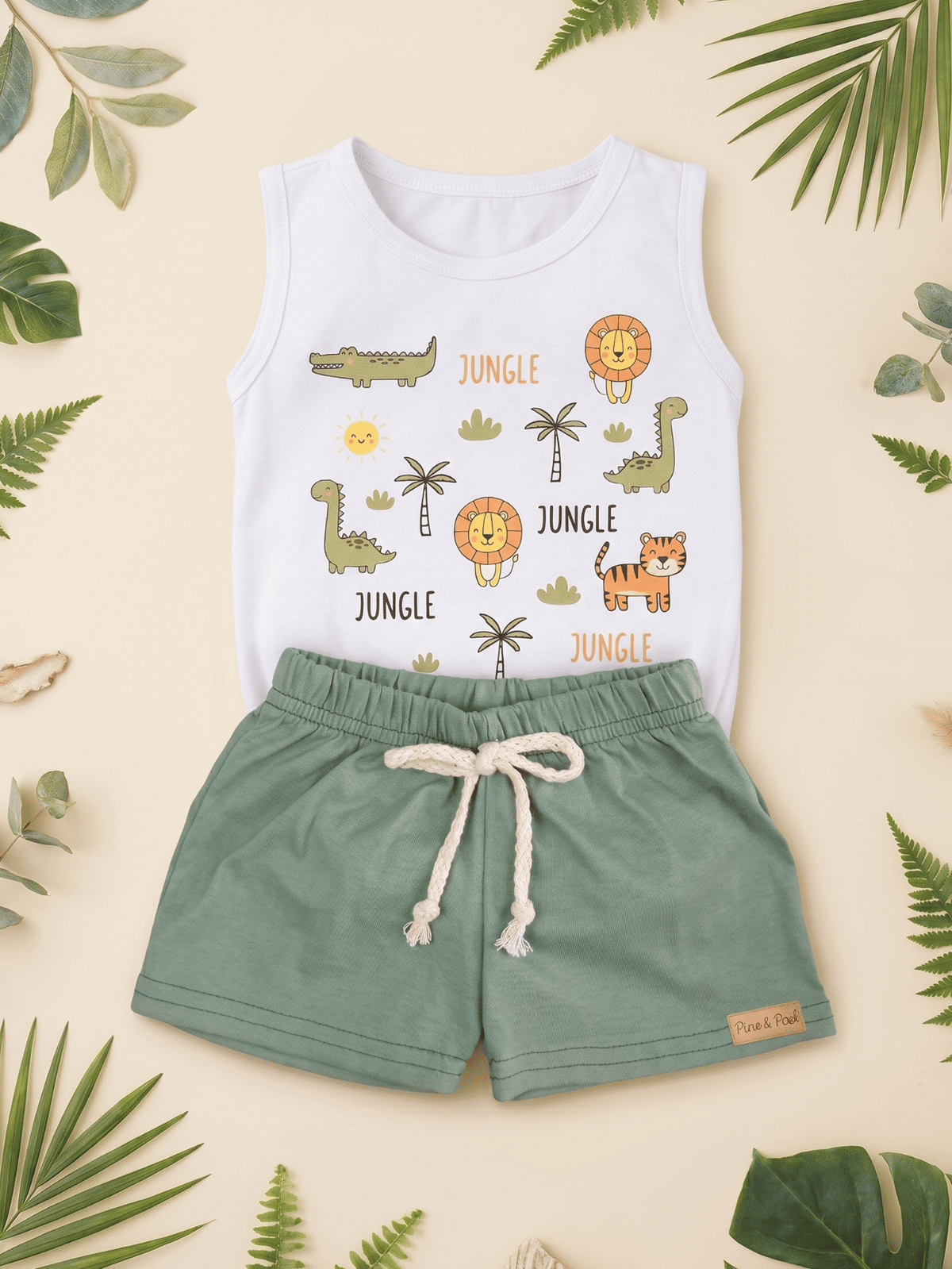 Conjunto Infantil Bebê Menino Body Estampado Selva e Short de Malha