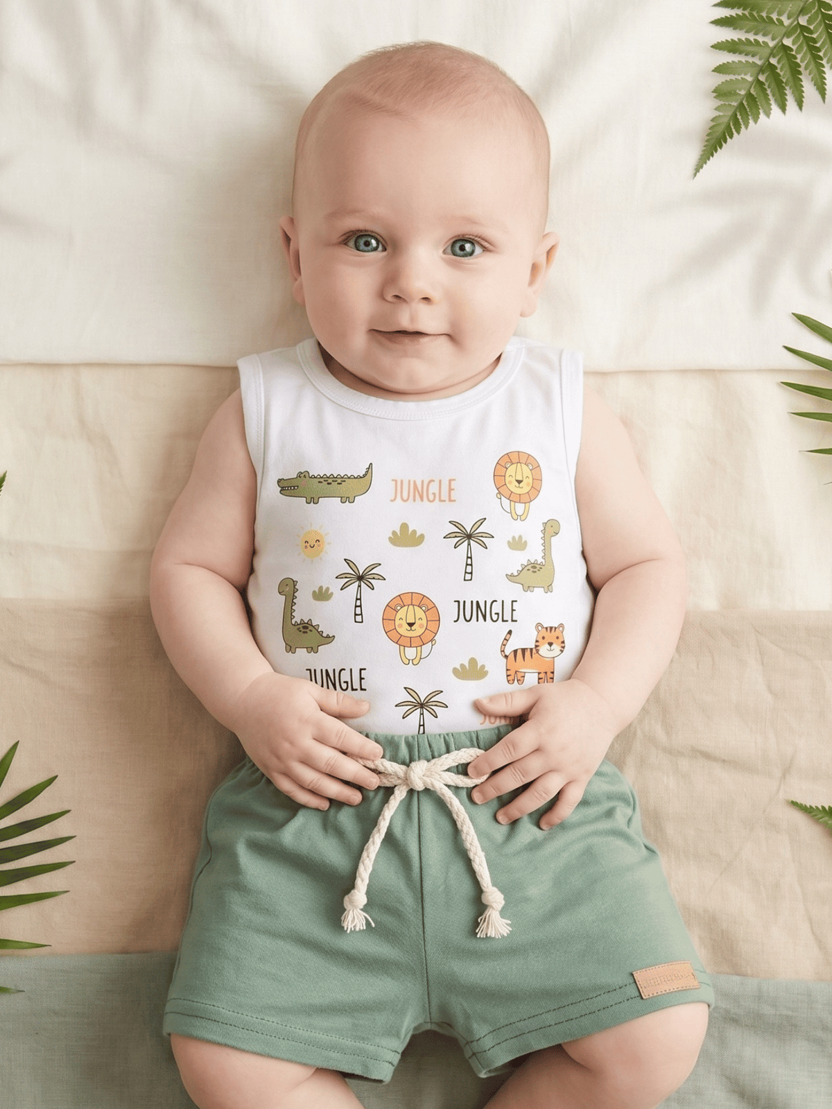 Conjunto Infantil Bebê Menino Body Estampado Selva e Short de Malha