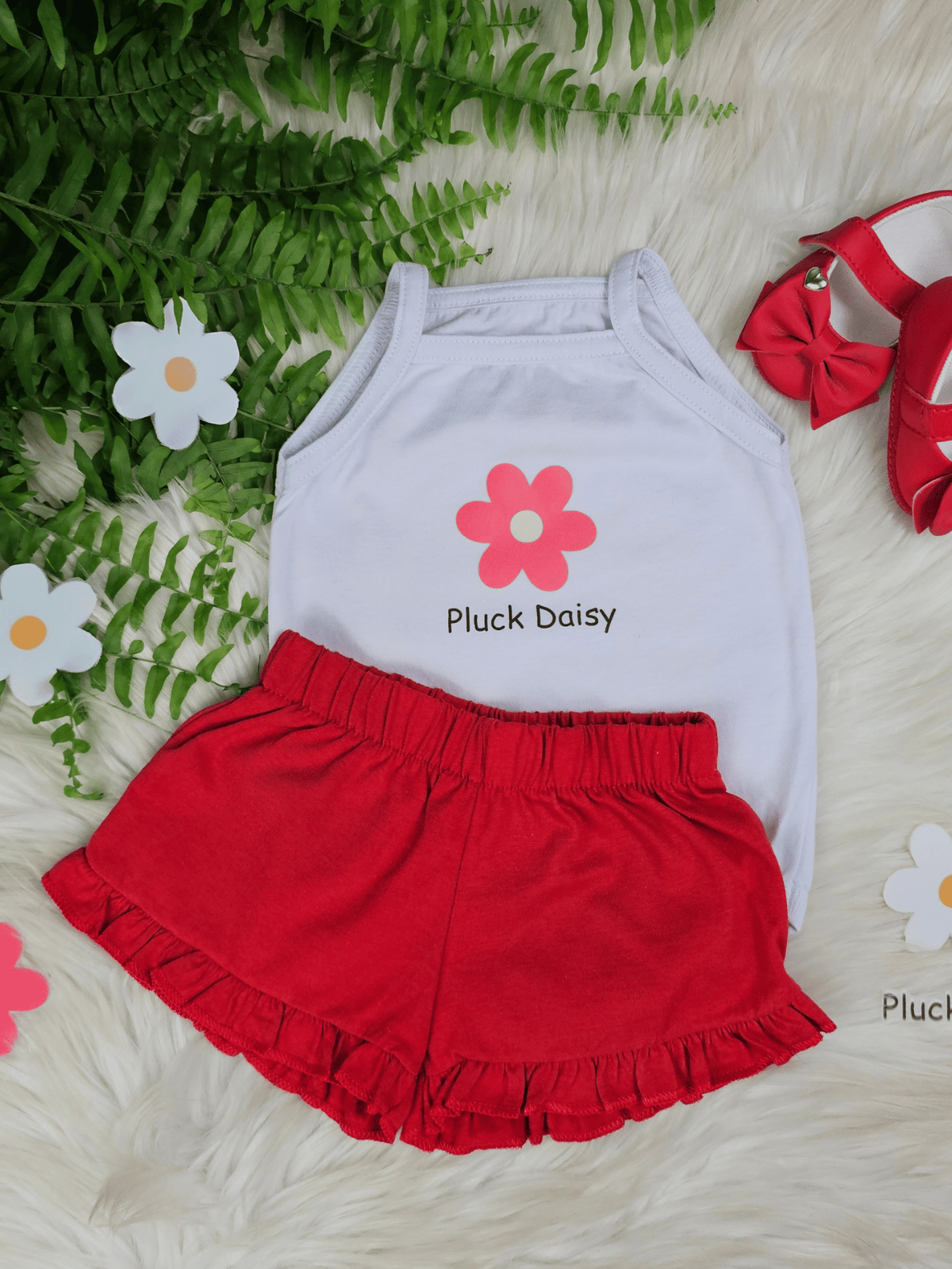 Conjunto Infantil Bebê Menina Floral com Short Babadinho Vermelho