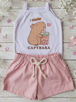 Conjunto Bebê Menina Capivara Body Alcinha e Short Linho