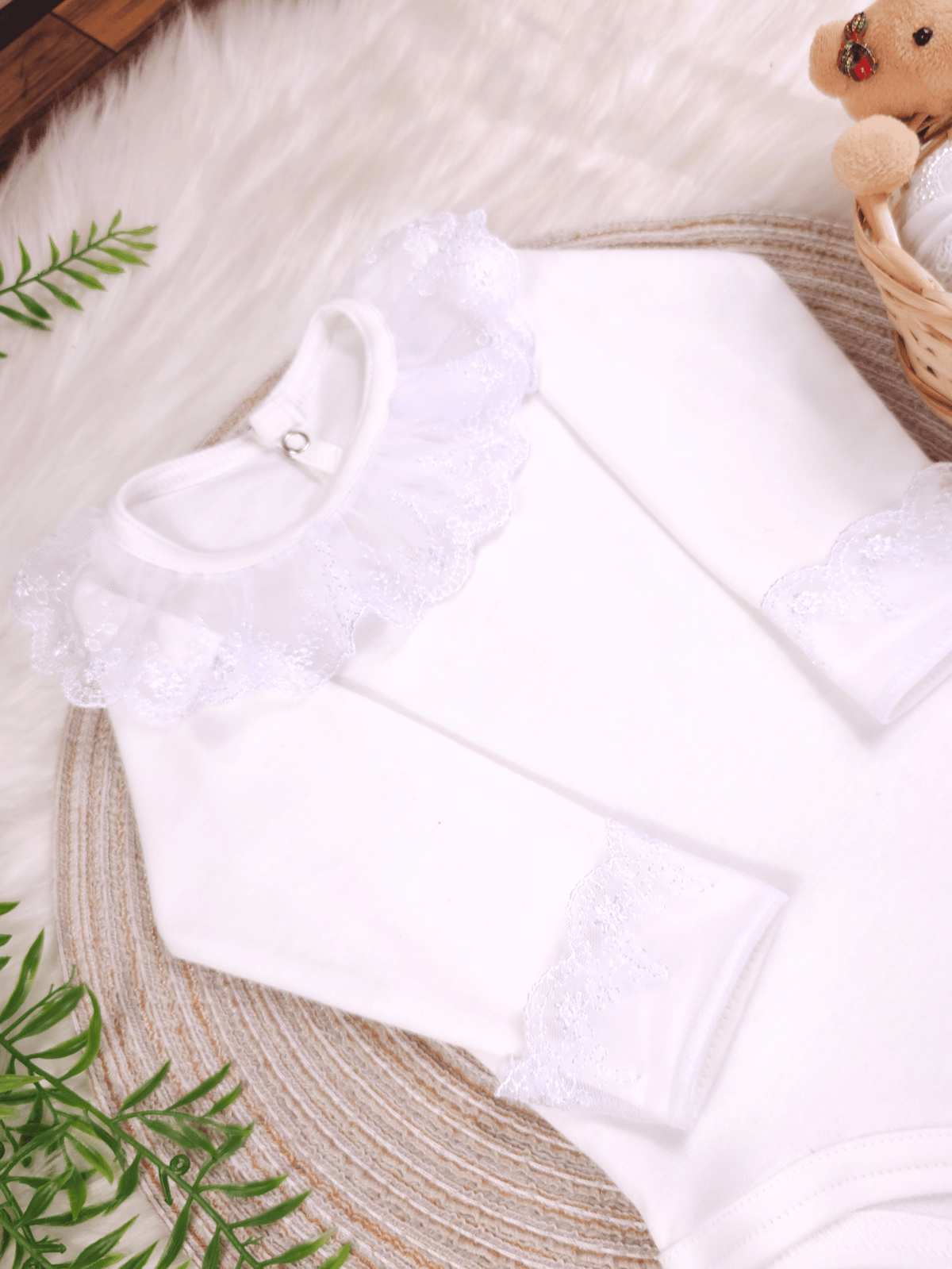 Body Infantil Menina Off-White Gola Rendada 100 Algodão Manga Longa RN ao G