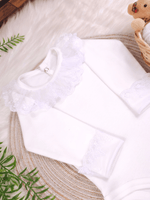 Body Infantil Menina Off-White Gola Rendada 100 Algodão Manga Longa RN ao G