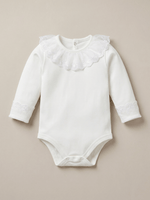 Body Infantil Menina Off-White Gola Rendada 100 Algodão Manga Longa RN ao G