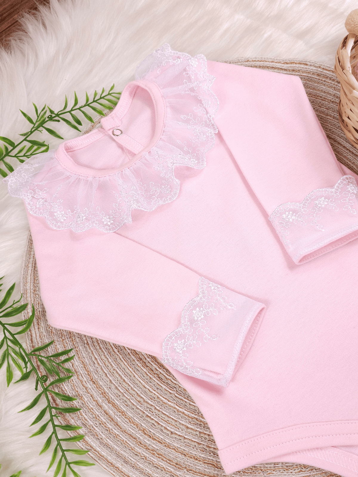 Body Infantil Menina Rosa Gola Rendada 100 Algodão Manga Longa RN ao G