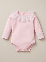 Body Infantil Menina Rosa Gola Rendada 100 Algodão Manga Longa RN ao G
